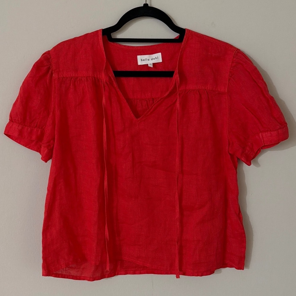 Bella Dahl Red Women Medium 100% Linen Puff Sleeve Tie Neck Blouse Top